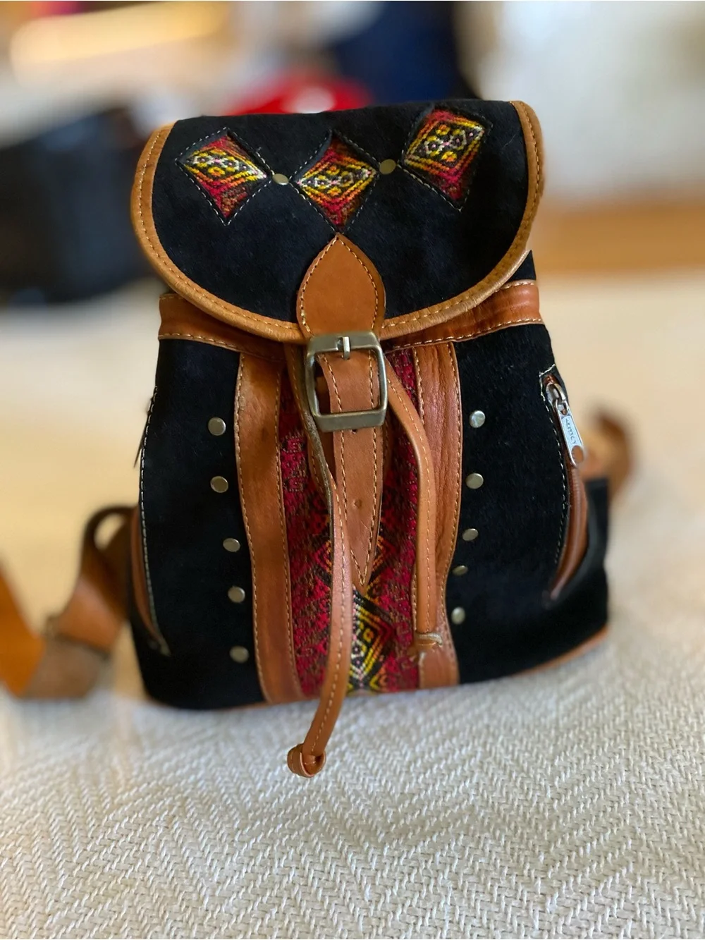 Midsize Black & Brown Embroidered Suede Backpack